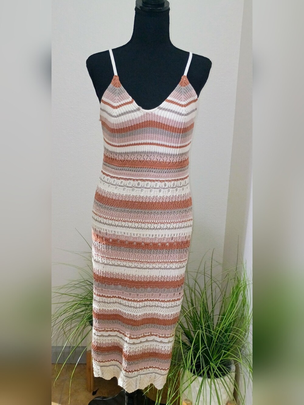 Freshman 1996 Striped Crochet Midi Dress in Cream and Brown - Picture 1 of 9